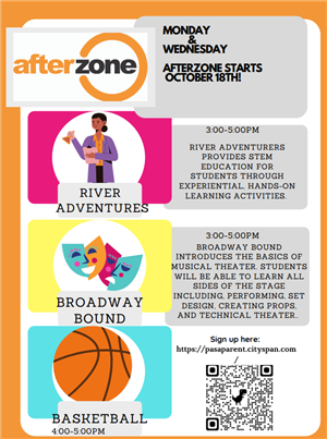 Monday and Wednesday afterzone programs start October 18th with river adventures, broadway bound, and basketball